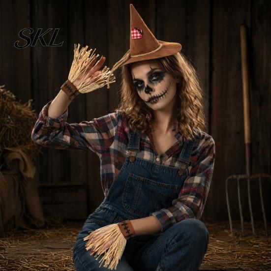 Scarecrow Elastic Headband Costume Set, with Pointed Hat And Straw Bracelets Combo Bracelets, Halloween Cosplay for Farm Party Accessories Brown