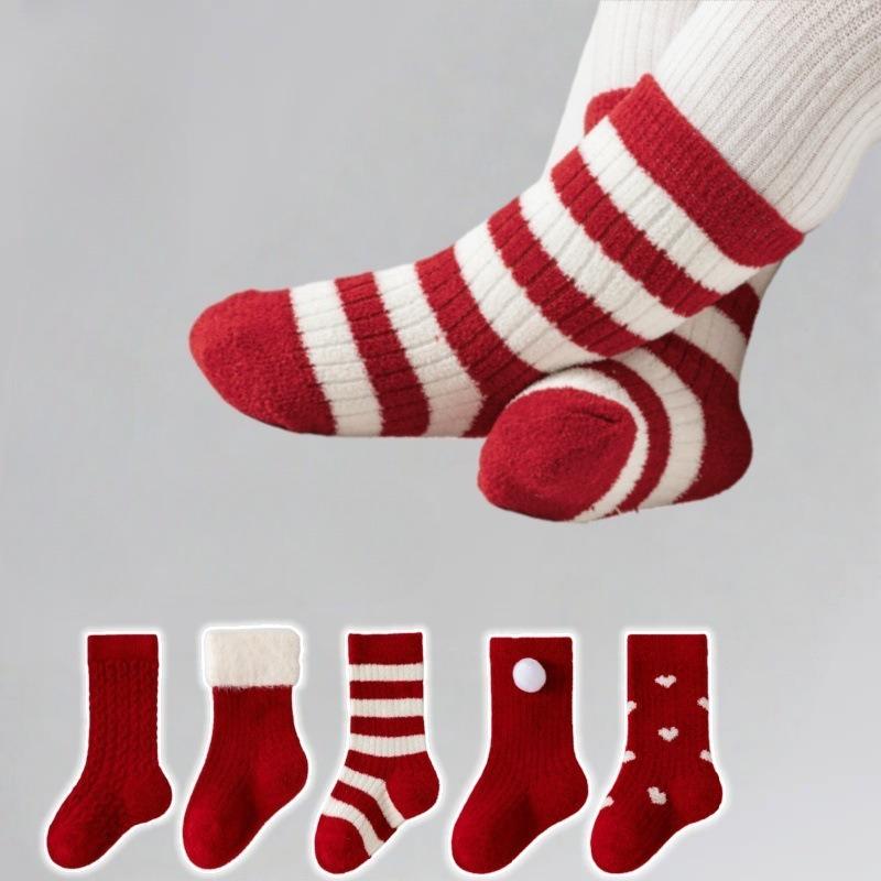 Baby Socks Autumn Winter Thickened Warm Children Red New Year Socks Full Moon Year Old Boy Girl Toddler Boneless Mid Tube Socks