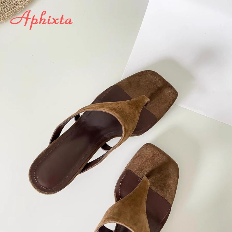 Aphixta Женские классические шлепанцы из коровьей замши на тонком каблуке, тапочки для женщин, летние пляжные сандалии, уличные вьетнамки, женская обувь