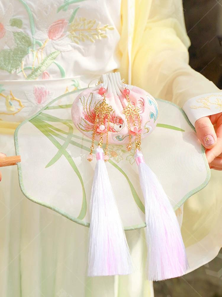 Qixi Festival Empty Sachet Bag, Ancient Style Portable Hanfu Accessory, Tassel Pouch, Embroidered Mugwort and Osmanthus Mosquito-Repellent Sachet