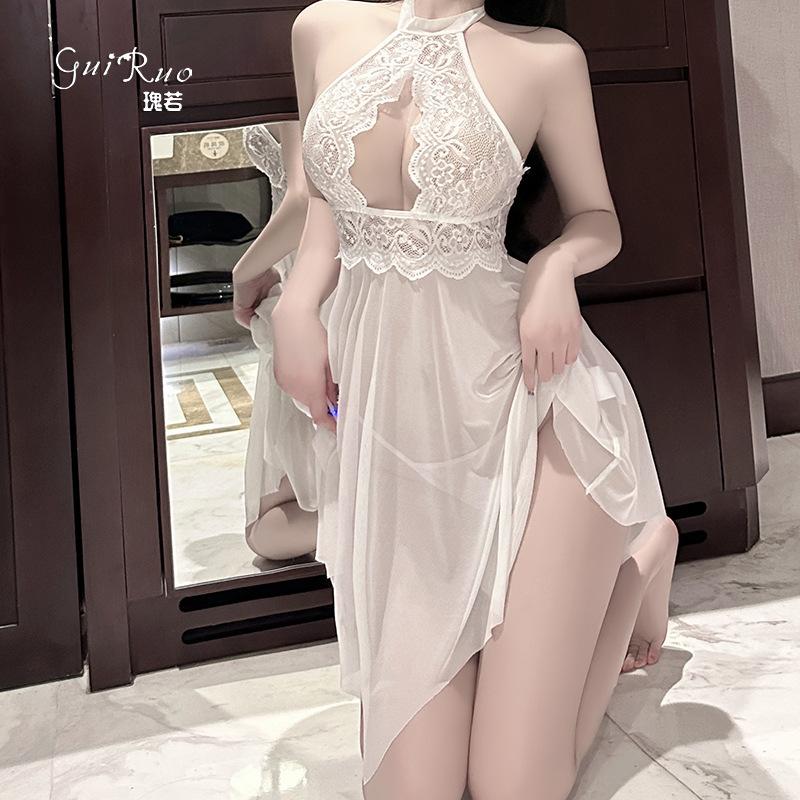 Women's Plus Size Lace Sheer Lace Up Backless Cami Sleep Dress Costume Set