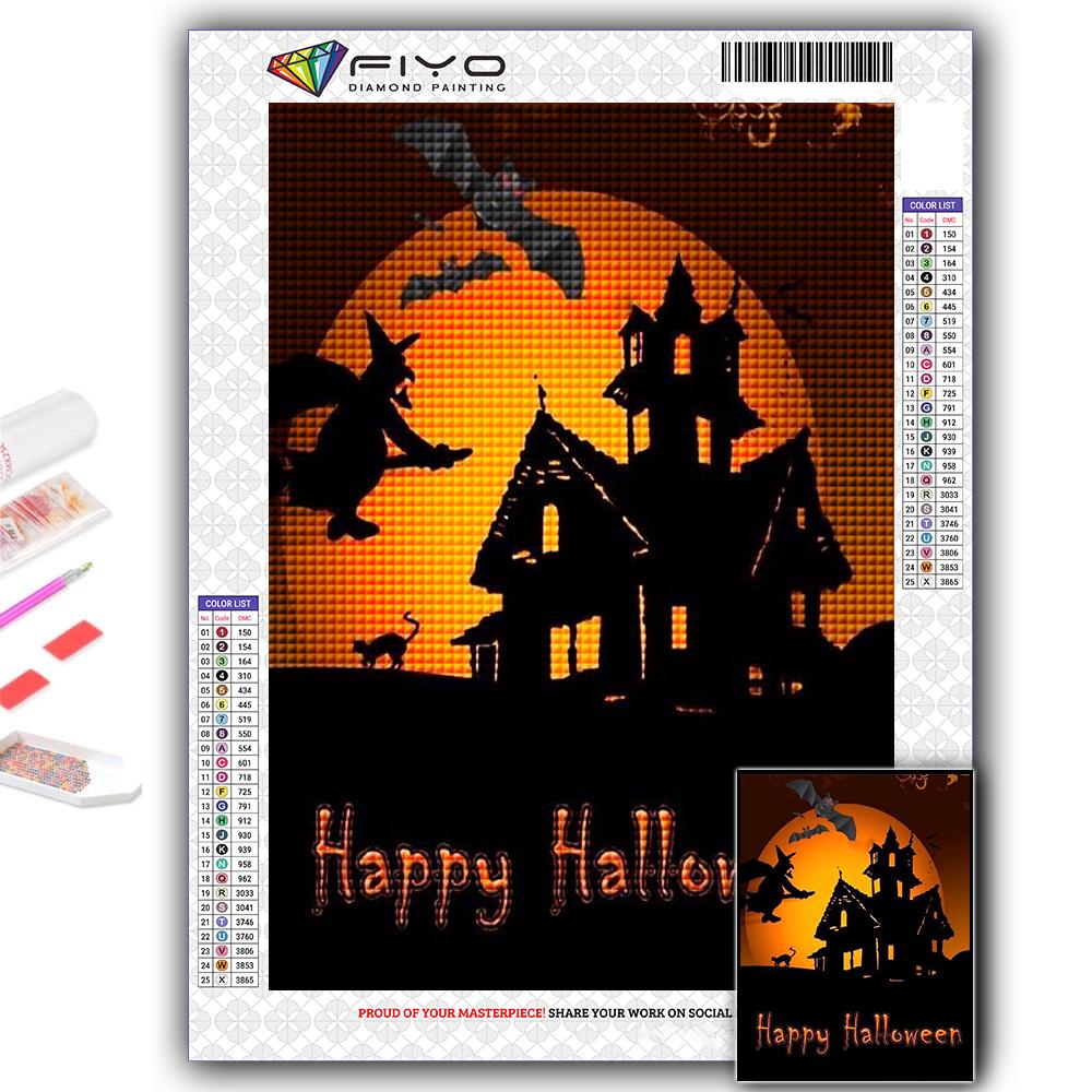 DIY 5D Diamond Painting Halloween Pumpkin And Witch Castle Cross Stitch Kit Full Drill Embroidery Mosaic Art Picture of Rhinestones Gift