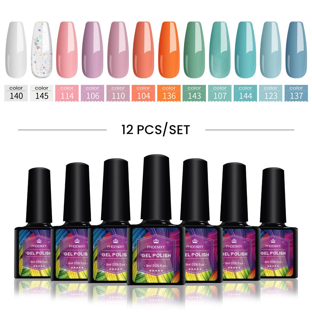 PHOENIXY Набор гель-лаков для ногтей, 12 цветов, набор геля для замачивания с чистым цветом для дизайна ногтей, стартовый набор для начинающих, сделай сам, дома