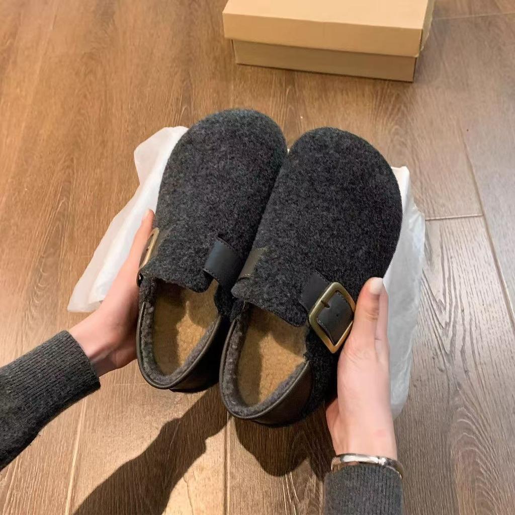 Ретро скрытый подъем две носки Birkenstocks новые осенне-зимние шерстяные ленивые толстоподошвенные бархатные хлопковые туфли