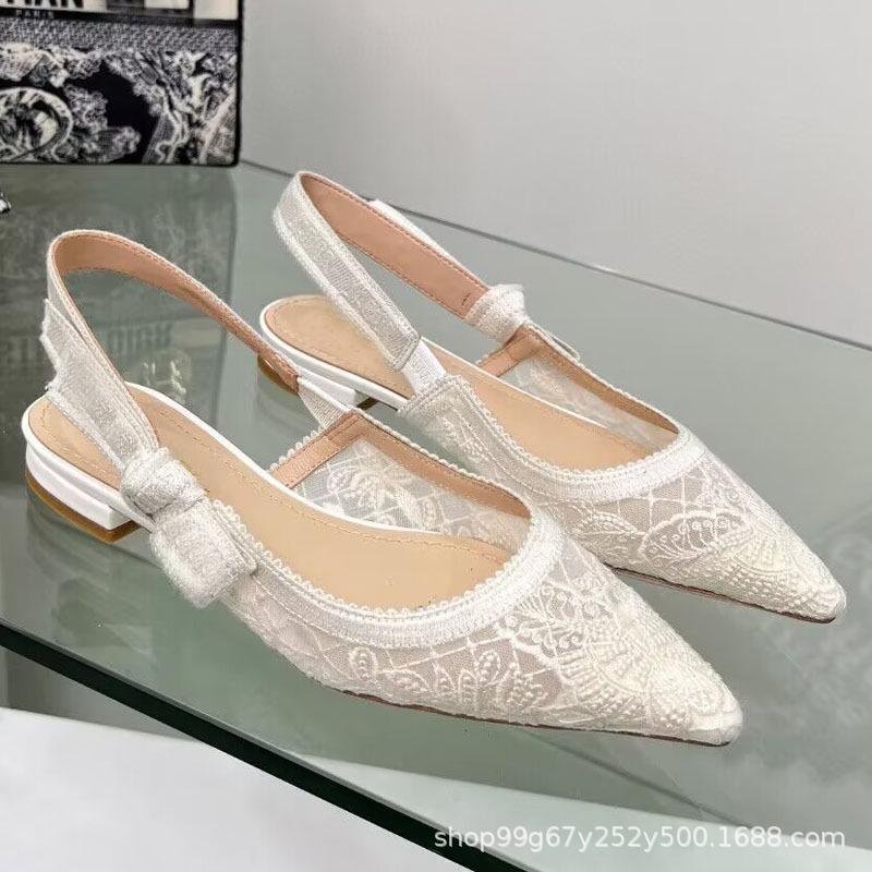 D2024 Весенние кружевные сетчатые туфли на плоской подошве с острым носком: Сандалии с ремешком сзади в стиле феи для женщин