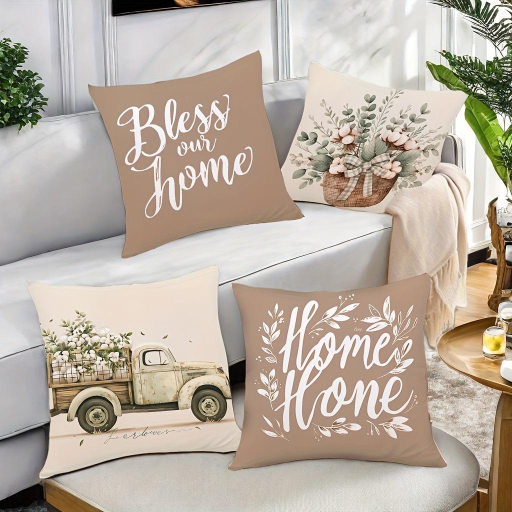 Rustic Charm Throw Pillow Cover: Cotton Flowers, Vintage Truck and Home Blessing Words, Sofa Cushion Cover, Bedroom Room Decor