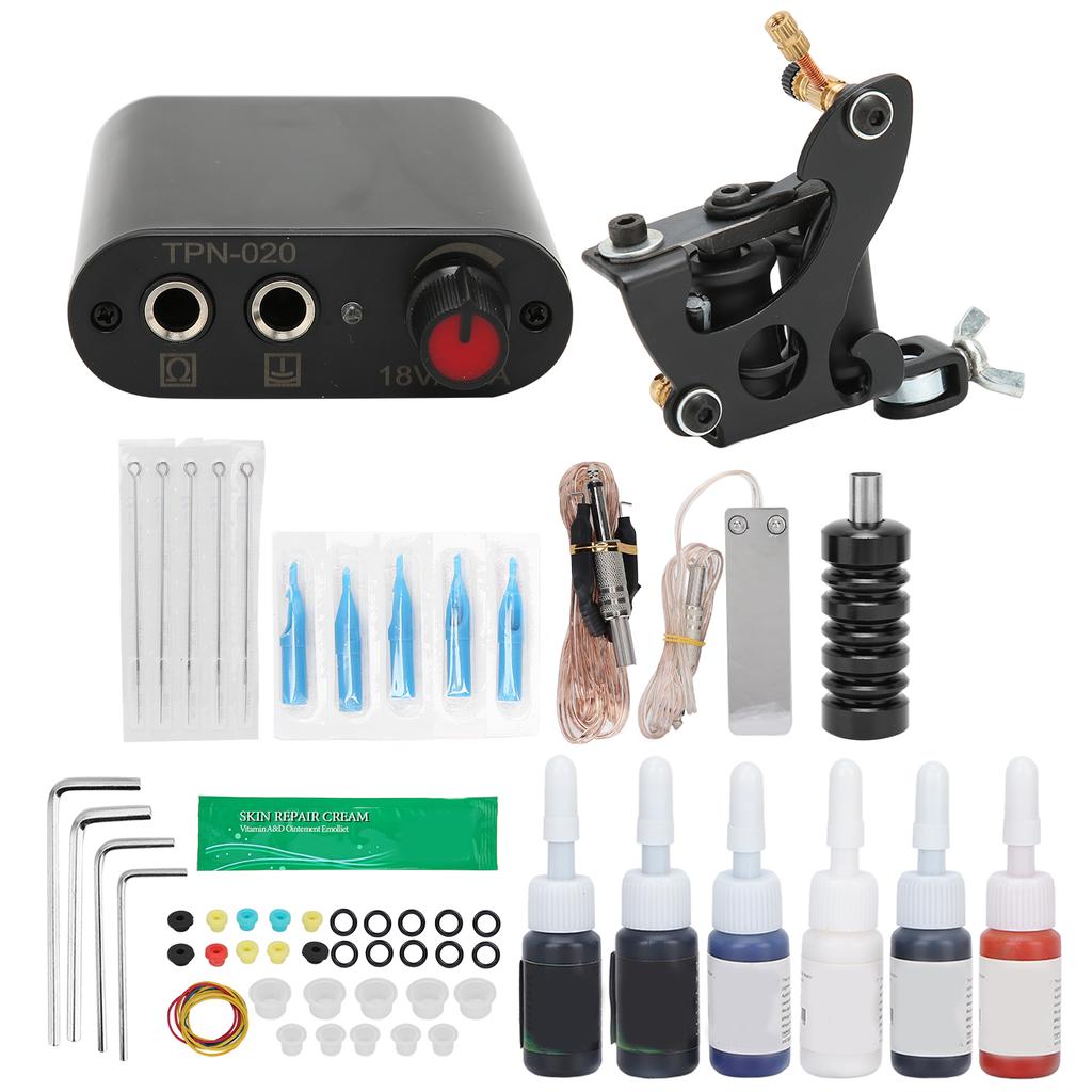 Complete Starter Tattoo Kit Professional Tattoo Beginner Kit with 6 Tattoo Inks Power Supply