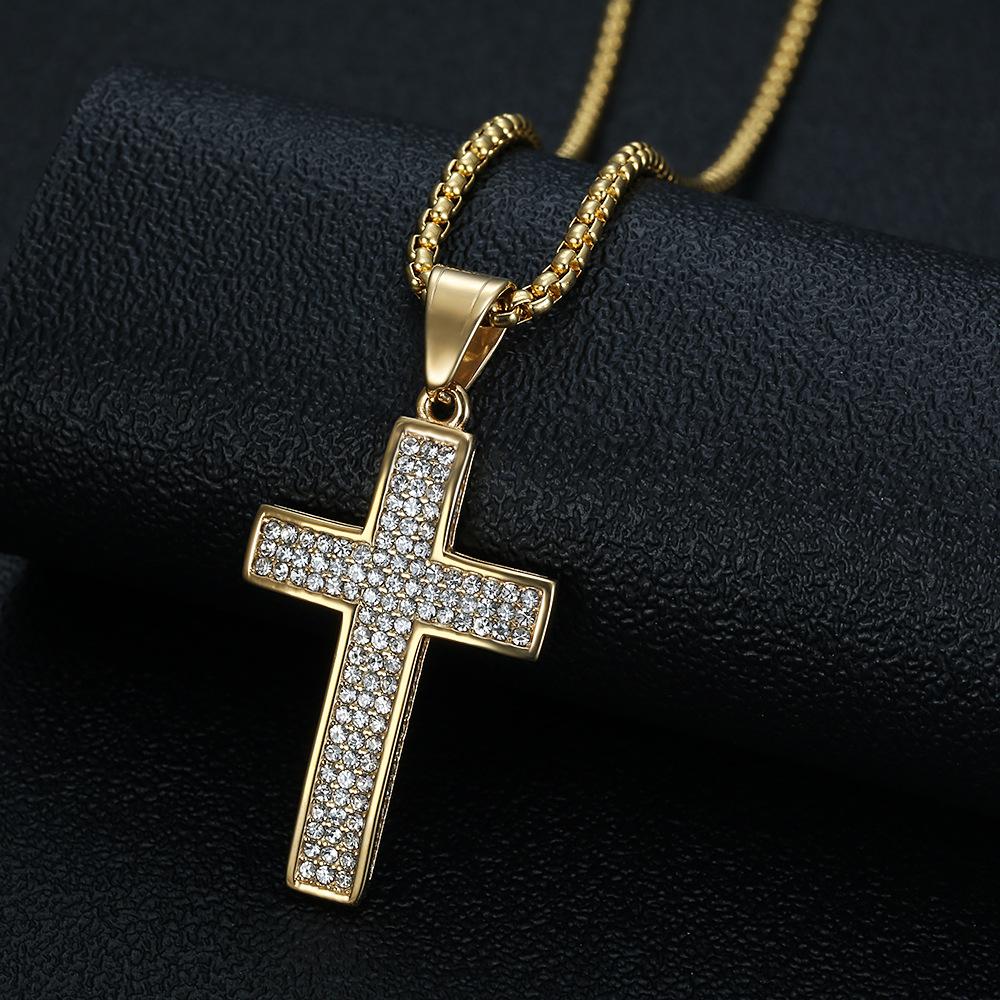 Nightclub Hip-Hop Personality Full Diamond New Cross Titanium Steel Gold-Plated Necklace Pendant for Men and Women