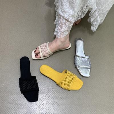 Красивые с юбкой сетчатые на плоской подошве крутые тапочки женская обувь модные односимвольные тапочки