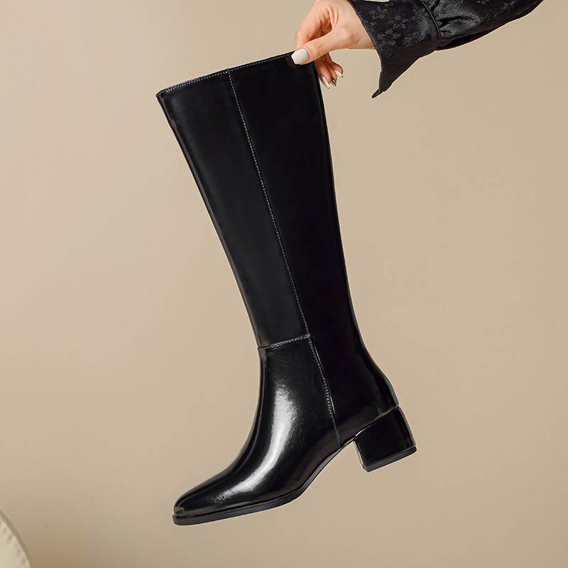Krazing Pot Осенне-зимняя обувь из коровьей кожи, сапоги для верховой езды, круглый носок, сохраняющие тепло, на молнии, черного цвета, на толстом высоком каблуке, высокие сапоги до бедра