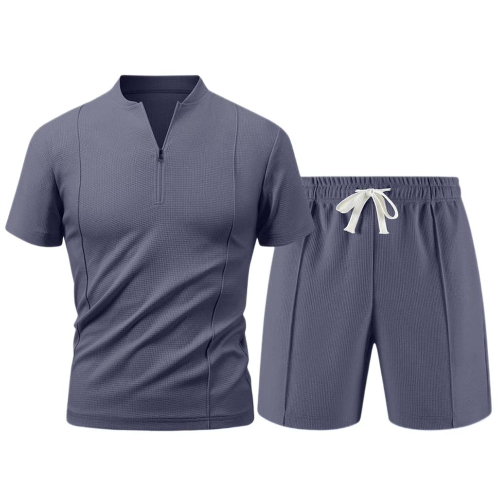 Мужской летний спортивный комплект: футболка с коротким рукавом на молнии, шорты, повседневные брюки-двойка
