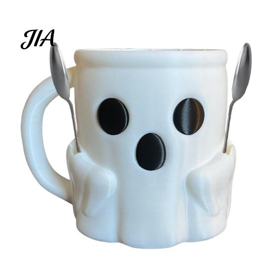 Funny Halloween Gifts for Kids Ghost Ice Cream Pint Holder, Dual Spoon Slot And Shape Water Cup Handle Design Durable PLA Leak-Proof Storage Cute Mug