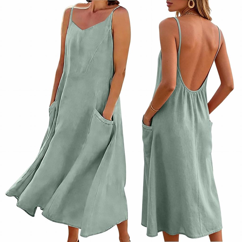 Ladies' Color Casual Fashion Strap Pocket Dress