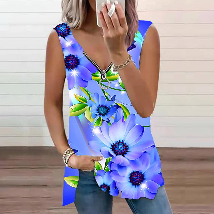 Женский топ, летняя новая мода, повседневный топ с принтом солнечных цветов, большие размеры, без рукавов, на молнии, с v-образным вырезом, майка