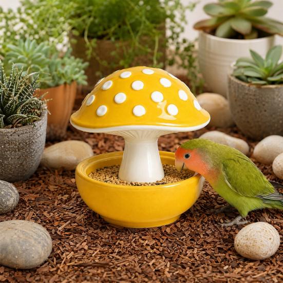 jijijing Mushroom Bird Feeding Bowl, No Mess Pet Cage Feeder, Covered Food or Water Bowl for Small Animals Budgie Cockatiel Hamster