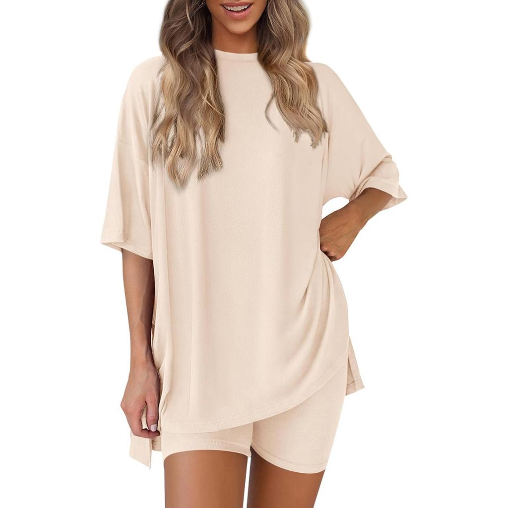 Женский свободный модный однотонный топ с разрезом и круглым вырезом, с коротким рукавом, с маленьким карманом, шорты, комплект из двух предметов