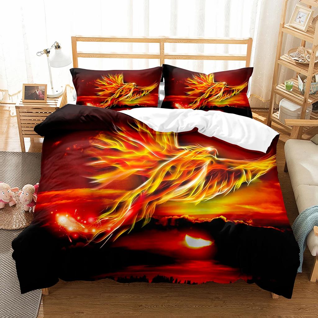 Phoenix Duvet Cover Set King Queen Size for Kids Boy Girls Bedding Set Yellow Animals Pattern Polyester Quilt Cover with Zipper