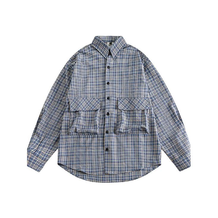 Рубашка в японском стиле в стиле ретро с большим карманом, с длинными рукавами, для мужчин и женщин, винтажная, с несколькими карманами, контрастного цвета, для пары, рубашка, пальто