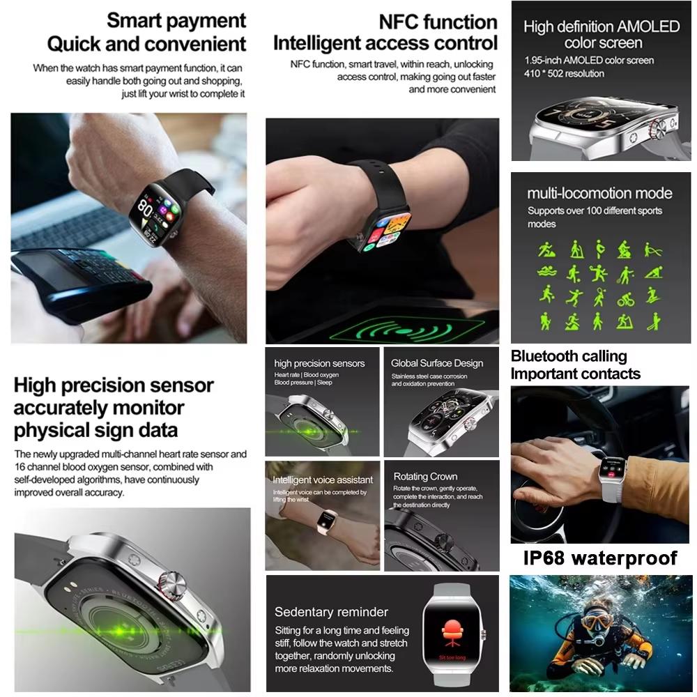 2025 Новые 1,95-дюймовые умные часы Ultra HD для мужчин с GPS-трекингом, Bluetooth-вызовом, NFC, монитором сердечного ритма, спортивным фитнесом, женские умные часы для OPPO