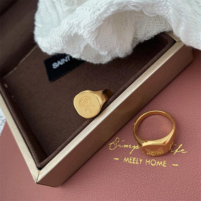 Vintage Butterfly & Flower titanium Ring - European Retro Style, 18K Gold Plated