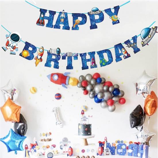 Astronaut Space Ship Happy Birthday Banner,Outer Space Happy Birthday Bunting Boys Birthday Party Banner Decoration Blue