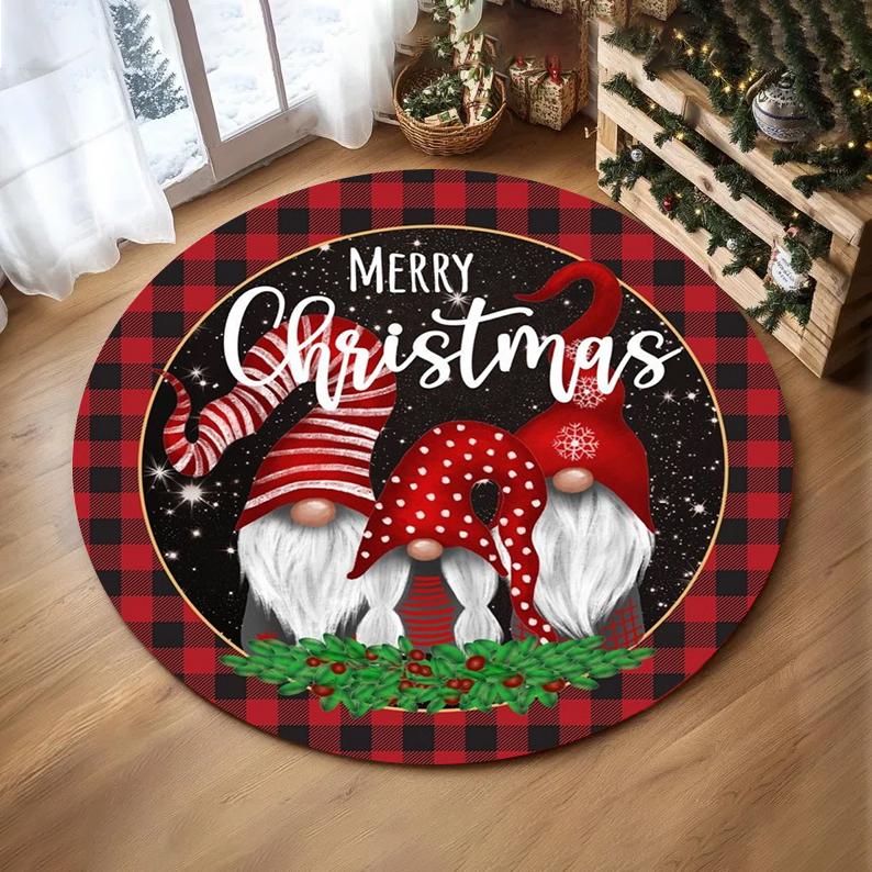 Christmas Ornaments Round Rug Merry Christmas Santa Rudolph Riding Home Mat Living Room Decor Sofa Rug Festival Event Carpet