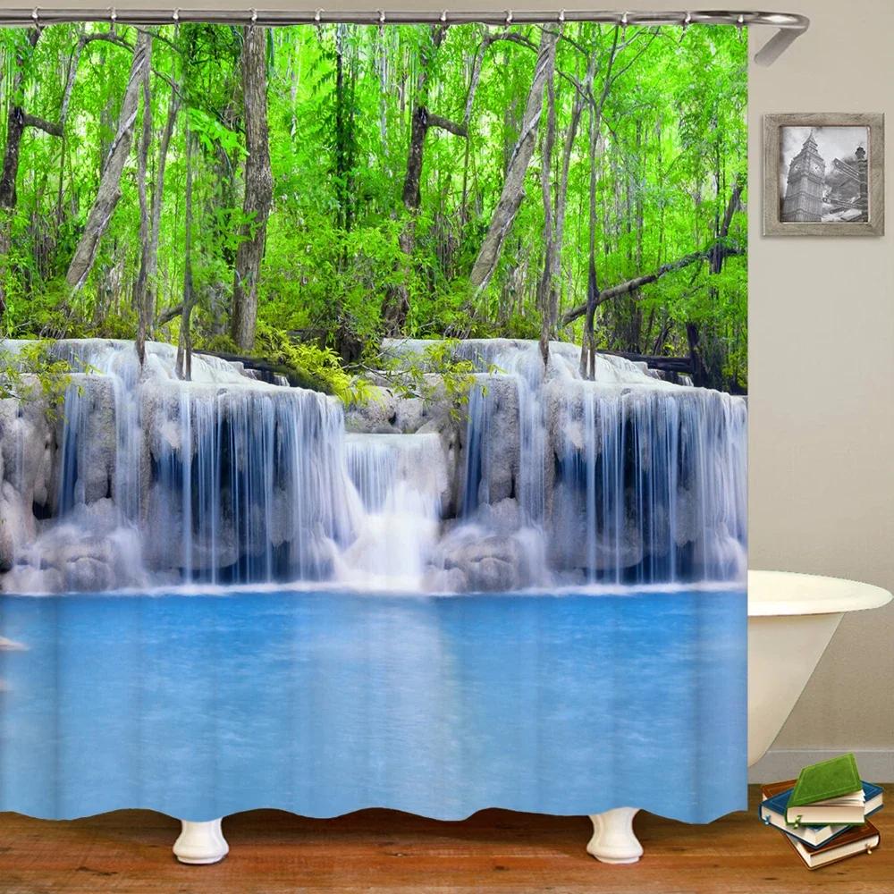 3D Natural Landscape Waterfall Forest Printed Bathroom Shower Curtain Polyester Waterproof Curtain With Hook Home Decor Curtain