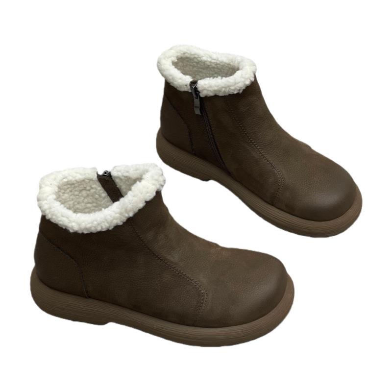 Новый стиль зимние ботинки, обувь с круглым носком, на плоской подошве, утолщенные, теплые женские ботильоны, хлопковые ботинки