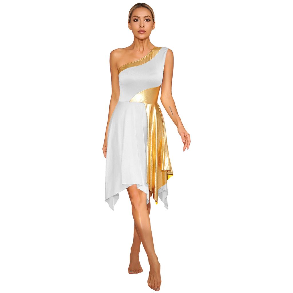 Womens Metallic Worship Praise Dance Dress Color Block One Shoulder Irregular Hem Sleeveless Dresses Dancewear Performance Costume