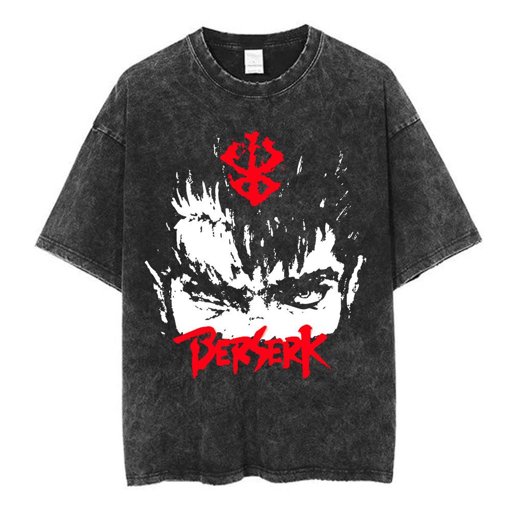 Vintage Washed Anime Berserk Guts Face T Shirt Swordsman Gatsu Sacrifice Zodd T-shirt Men Women Cotton Casual Oversized T-shirts