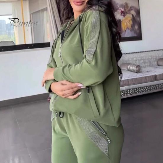 2 шт./комплект женский толстовка брюки костюм с пайетками капюшон с длинными рукавами застежка-молния спортивная толстовка с капюшоном эластичный пояс брюки фитнес одежда осень весна езда на работу