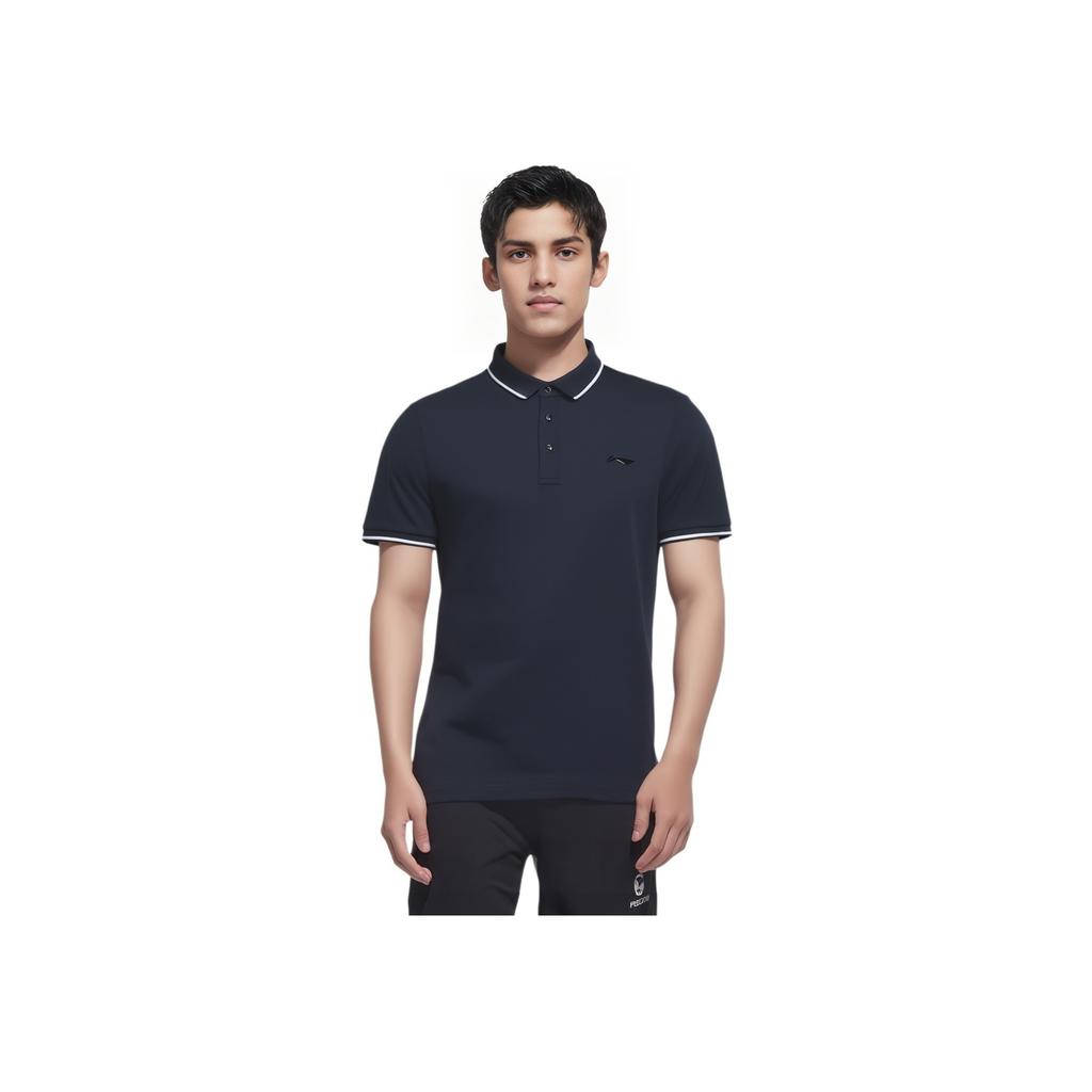 Мужская рубашка-поло Li Ning Fitness Series, однотонная, облегающая, с коротким рукавом, чернильно-серого цвета APLR061-6