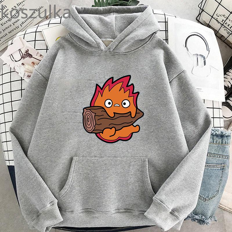 Толстовки с кальцифером «Ходячий замок Хаула», свободная флисовая толстовка с рисунком Кальцифера, винтажные пуловеры, толстовки, зимняя женская уличная одежда