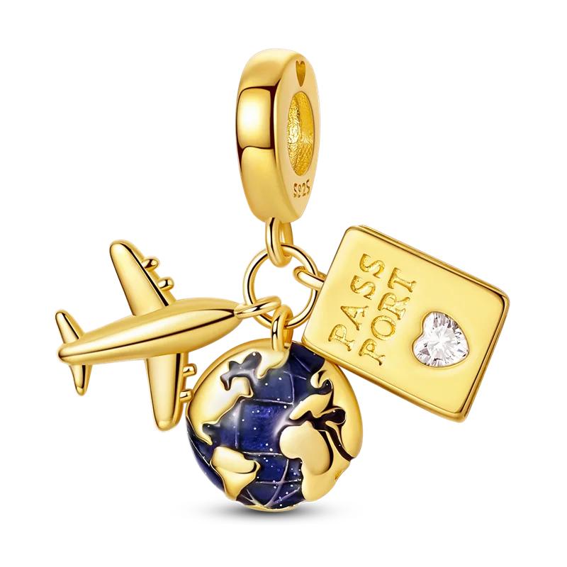 925 Silver Golden Series Charms Bead with CZ Zircon Whale Butterfly Sun Pendant for DIY Fashion Jewelry Bracelet