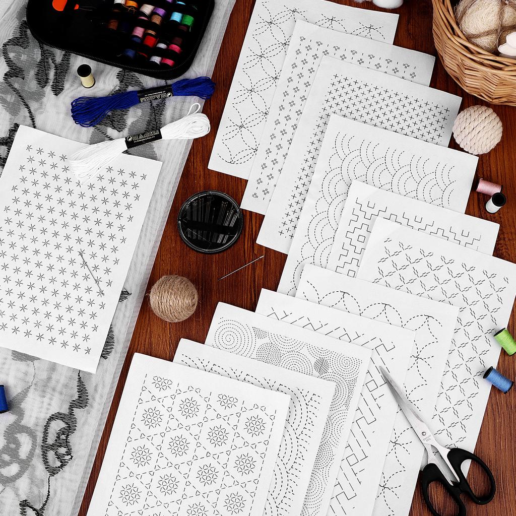 108Pcs Sashiko Embroidery Pattern Set Stabilizers Water Soluble Embroidery Transfer Stencils Stabilizers Embroidery Paper Stick