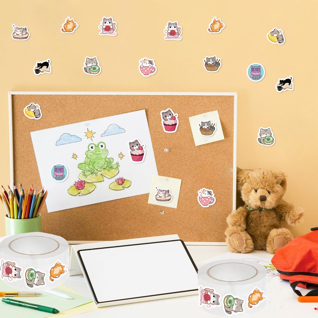 500 Pictures/roll Roll Sticker Tape Cartoon Cat Sticker Hand Account Material Decorative Envelope Seal Sticker