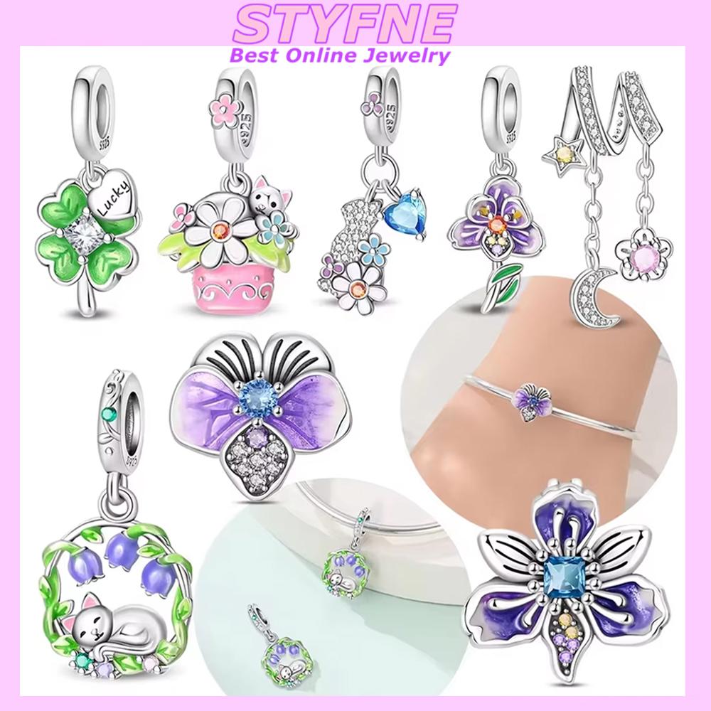 Подвески Женские Оригинальные Медные Бусины Фиолетовый Цветок Колокольчик Кошка Звезды Луны Подходят для Браслета Женский Подарок Ювелирный Аксессуар Набор