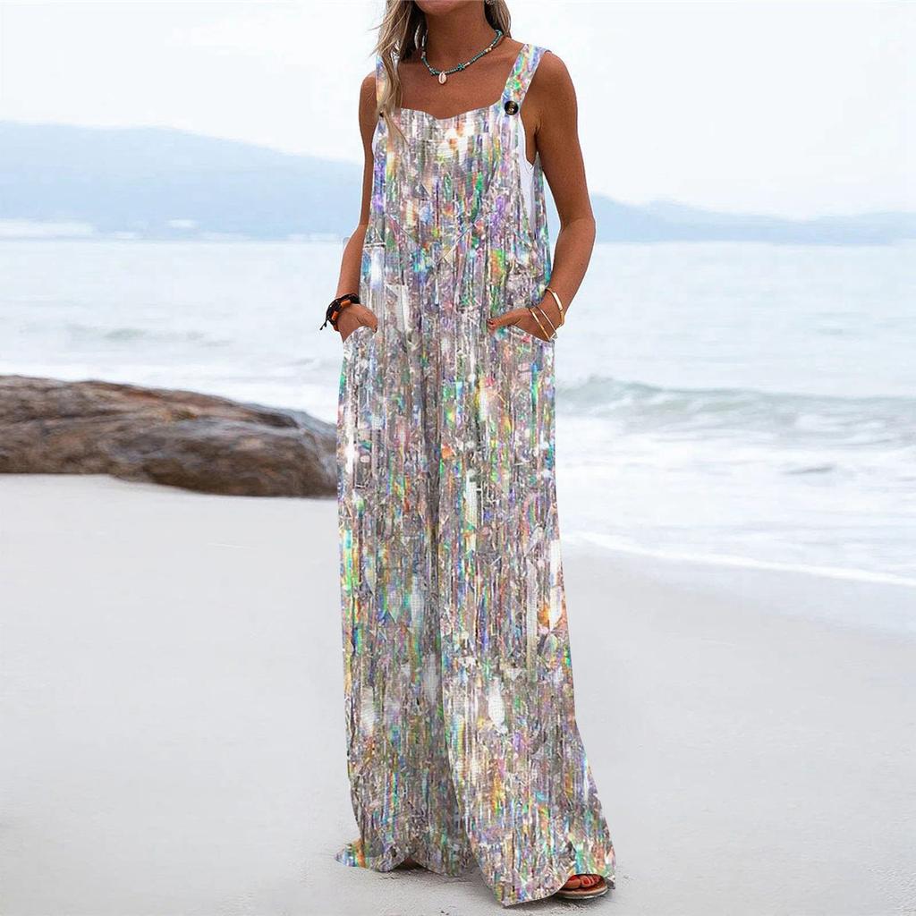 Женский модный повседневный свободный комбинезон без рукавов с карманами и принтом