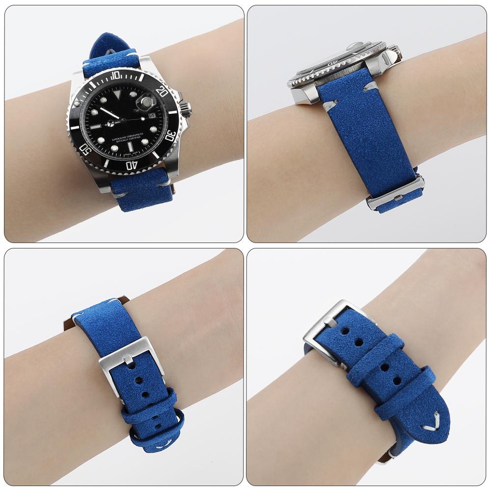 Suede Genuine Leather Watch Strap 20mm 22mm Vintage Handmade Stitching Bracelet Gray Blue Quick Release Watch Band Accessories