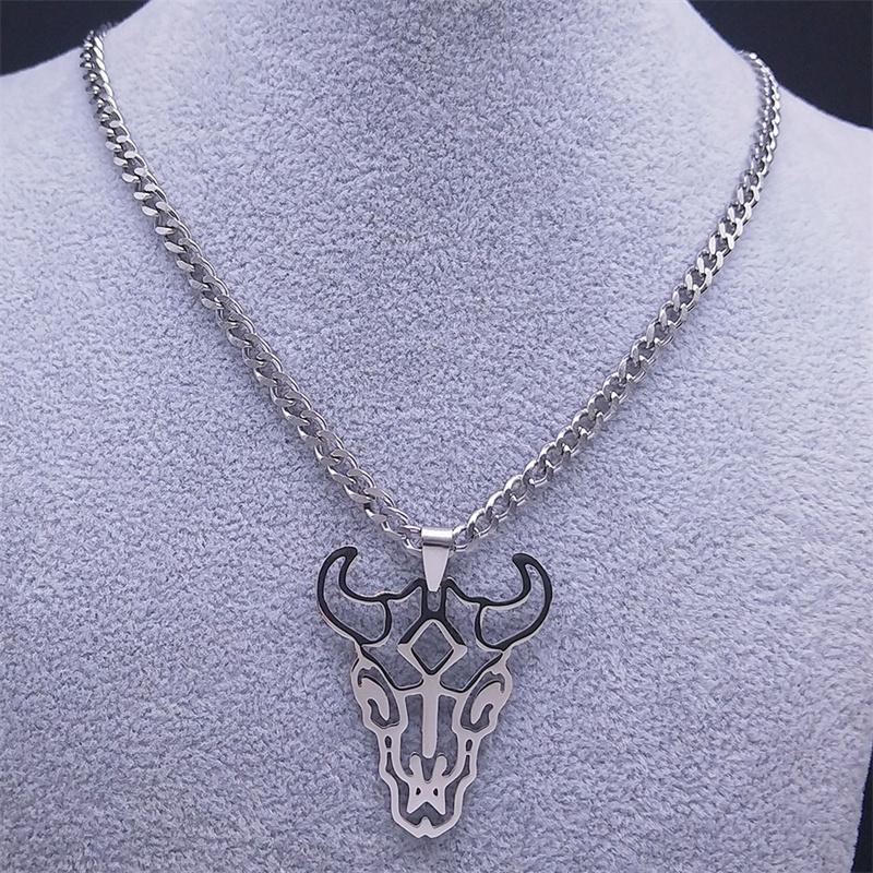 Hip Hop Animal Bull Head Pendant Necklace Men Stainless Steel Silver Color Skull Ox Bone Chain Amulet Jewelry collar ZZZ3574-QKC