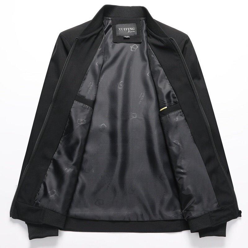 Весенне-осенние куртки для мужчин, деловой кэжуал, на молнии, с карманами, куртка с круглым воротником, куртка однотонная, для мужчин среднего возраста