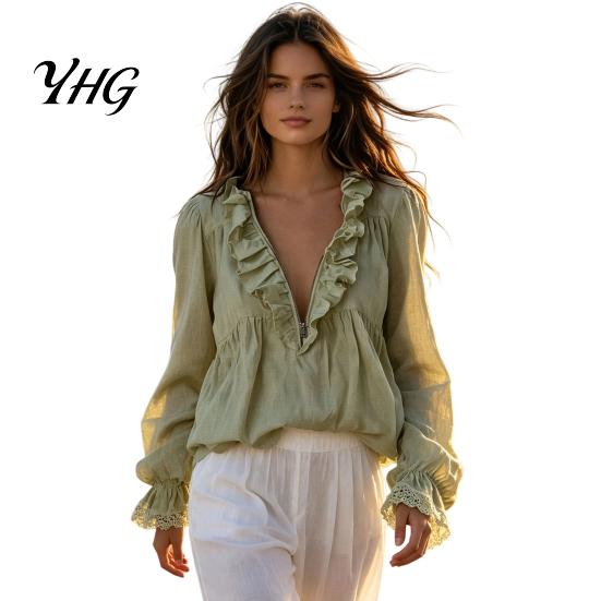Loose Long Sleeve Tops Women Half Zipper V-Neck Blouse, Bohemian Ruffle Top, Fit Blouses Solid Color Pleated Shirt for Spring Fall Daily Wear Blouse