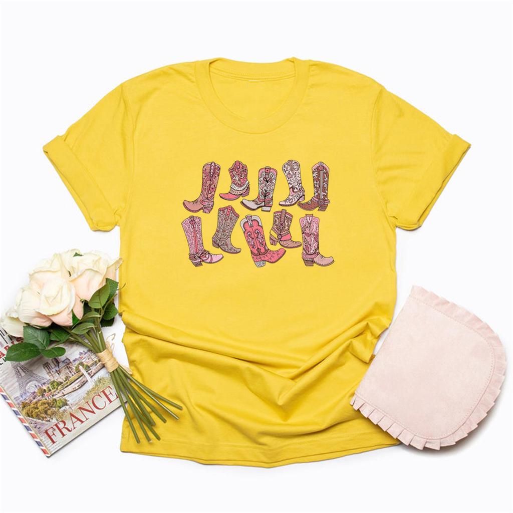 Футболки в стиле ковбойской розовой обуви, футболка с кантри-концертом, футболка с вестерн-графикой для женщин, милая винтажная женская одежда с коротким рукавом в деревенском стиле