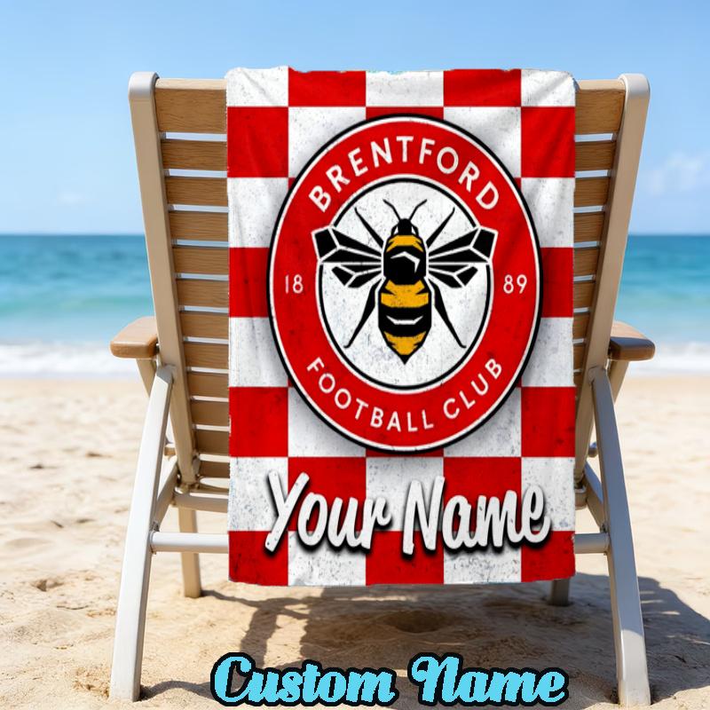 Custom Name Brentford Football Club Crest Beach Towel Soft Microfiber Fabric Bath Towels for Swimming Travel Camping, Outdoor essentials Gifts