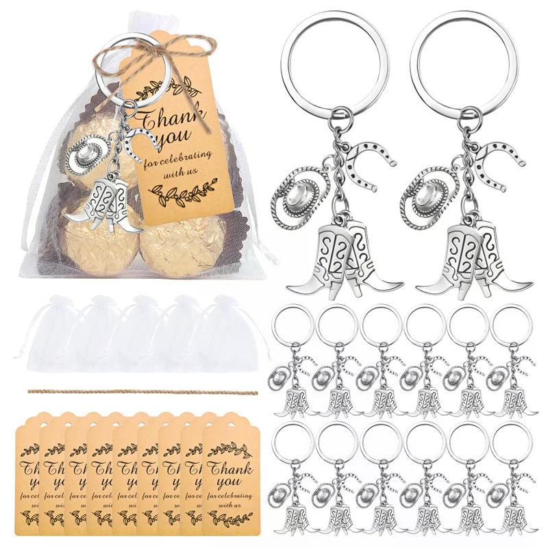 24Set Cowboy Western Party Favors Cowboy Keychain Hat Boot Horse Shoe Keyring With Organza Bags Thank You Tags And Rope