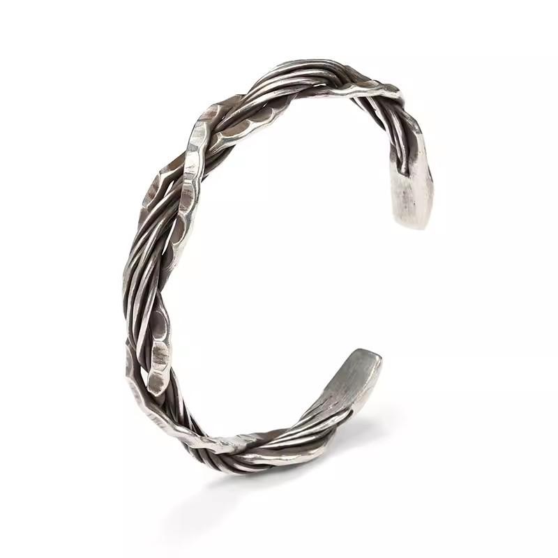 Vintage Thai Silver Hammered Weave Bangle Bracelet For Men Women Hip Hop Fashion New Jewelry Gift Party Glamorous