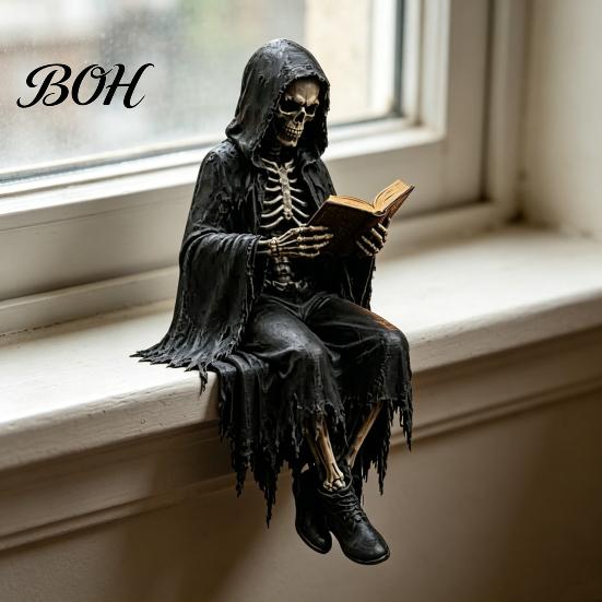 Unique Book Holder Sitting Skeleton Bookend Ornament, Matte Black Dark Hooded Figure Elegant Bookshelf Ornament for Desktop Study Room, Industrial