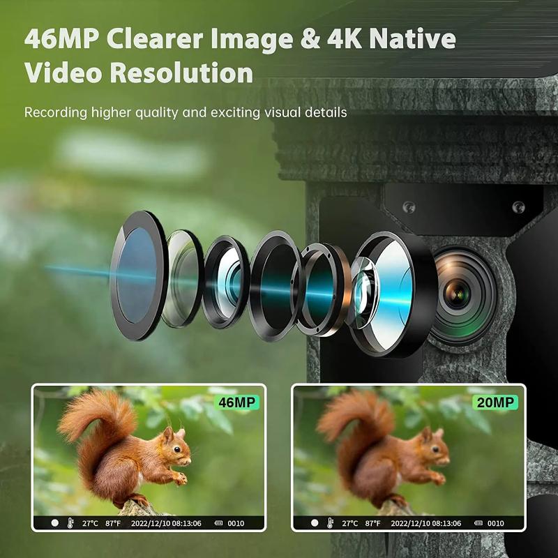 2025 Солнечная камера для дикой природы 50 МП 4K видео Камера слежения Ночное видение 0,3 с Активация движением Водонепроницаемая садовая камера Наружное наблюдение за охотой