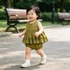 Girls Summer Cotton Linen Sleeveless Dress Set with Ruffled Hem and Pleats