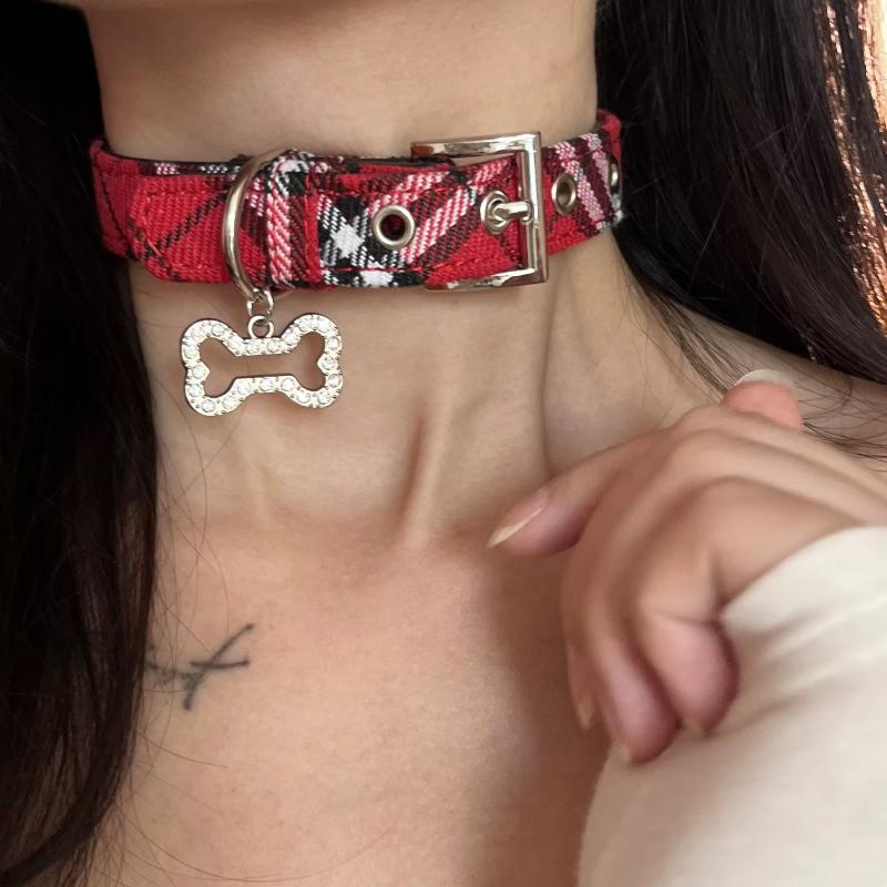 Y2K Goth Vintage Dog Bone Charm Necklace Punk Trendy Choker Simple Red Plaid Leather Buckle Necklaces Collar Chain Jewelry
